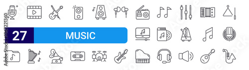 set of 27 thin line music instrument icons such as mic, folder, video player, harp, violin, gramophone, sound system, caste, speaker. editable stroke vector illustration isolated on white
