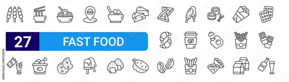 Fototapeta premium set of 27 thin line fast food icons such as satay,, noodle, fried chicken, noodle, cookies, location, ice cream, meatballs. editable stroke vector illustration isolated on white