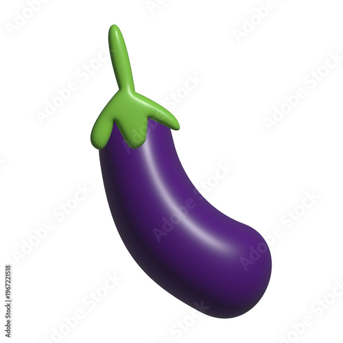 3D cartoon eggplant with green stem isolated on transparent background
