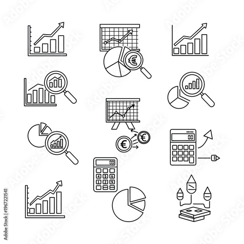 Line art icons depicting financial analysis, business growth charts, data visualization, and calculation tools.