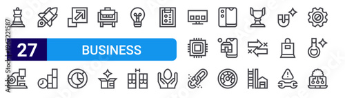 set of 27 thin line business disruption icons such as strategy, research, launch, time to market, scale, analysis, business model, new product, innovation. editable stroke vector illustration