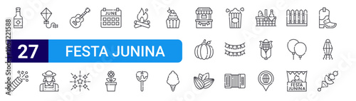 set of 27 thin line festa junina icons such as beer, poppers, kite, woman, guitar, fireworks, calendar, flower, bonfire. editable stroke vector illustration isolated on white