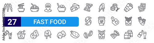 set of 27 thin line fast food icons such as satay,, noodle, fried chicken, noodle, cookies, location, ice cream, meatballs. editable stroke vector illustration isolated on white