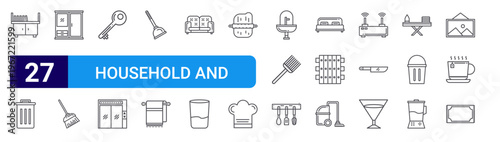 set of 27 thin line household and furniture icons such as wardrobe, trash can, cupboard, broom, key, lift, plunger, towel, sofa. editable stroke vector illustration isolated on white