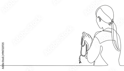 Woman praying with rosary beads in a simple line drawing style