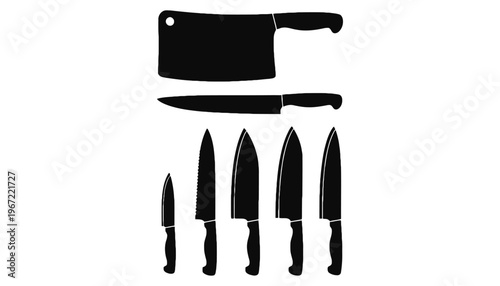 A set of kitchen knives and cutting board in black silhouette