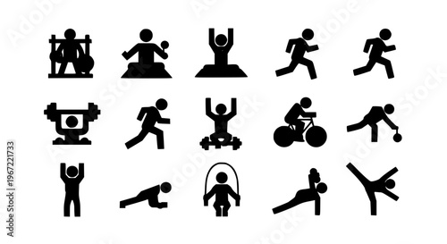 Modern workout and fitness exercise icon set with gym yoga running and strength training vector illustration