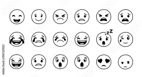 Cartoon face expression doodle emoticon set with happy sad angry and surprised hand drawn vector illustration