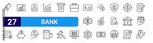 set of 27 thin line bank icons such as payment method, calender, bar chart, piggy bank, coin, loan, fluctuation, cashless payment, bill. editable stroke vector illustration isolated on white