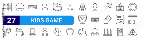 set of 27 thin line kids game icons such as board games, paddle, ball, baby toys, musical instrument, blackboard, puzzle, skip rope, train. editable stroke vector illustration isolated on white