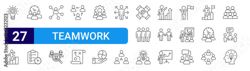 set of 27 thin line teamwork icons such as innovation, career, work time, planning, connection, evaluation, collaboration, strategy, ting. editable stroke vector illustration isolated on white