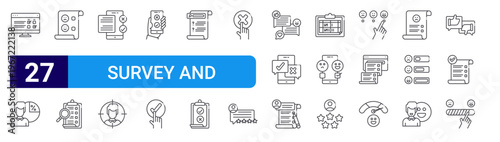 set of 27 thin line survey and feedback icons such as online survey, percentage, satisfaction, evaluation, online survey, target audience, online check mark, faq. editable stroke vector illustration
