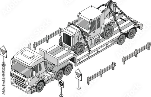 Isometric Semi-Truck Flatbed Trailer Transporting Heavy Construction Machinery Vector Illustration