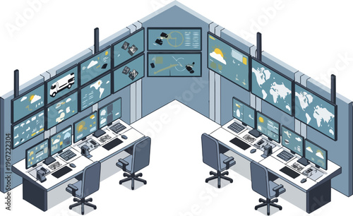 Isometric Command Center Control Room with Global Satellite Tracking and Data Monitoring Dashboard