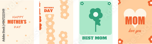 Set of four retro style mothers day greeting cards with floral patterns and hearts in warm tones, Vector