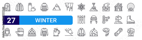 set of 27 thin line winter icons such as window, man, puffer coat, mittens, hot water bottle, beanie, sweater, jumper, mountain. editable stroke vector illustration isolated on white
