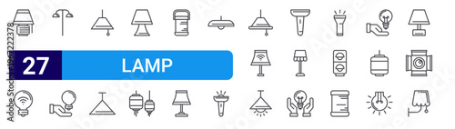 set of 27 thin line lamp icons such as night light, light bulb, lamp, light bulb, lamp, night chandelier, lantern. editable stroke vector illustration isolated on white
