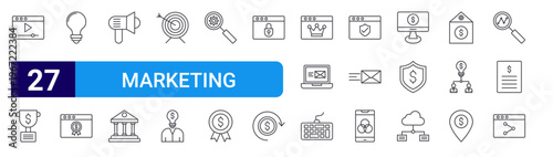 set of 27 thin line marketing campaign icons such as video player, trophy, bulb, web page, loud speaker, goverment, target, business, search. editable stroke vector illustration isolated on white