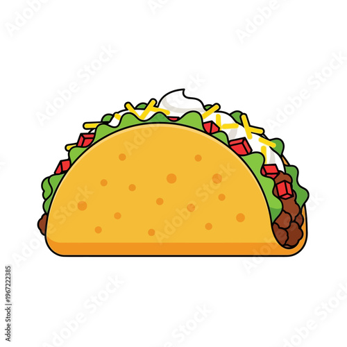 Cartoon taco illustration with vibrant colors and various fillings isolated