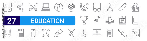 set of 27 thin line education icons such as math book, school bus, paint, save archive, scissor, paper art, laptop display, alarm bell, basketball game. editable stroke vector illustration isolated