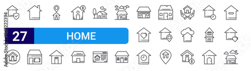 set of 27 thin line home icons such as home, home, editable stroke vector illustration isolated on white