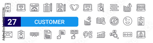 set of 27 thin line customer feedback icons such as survey, mail, rating, clipboard, score, chat, survey, vertical bars, score. editable stroke vector illustration isolated on white