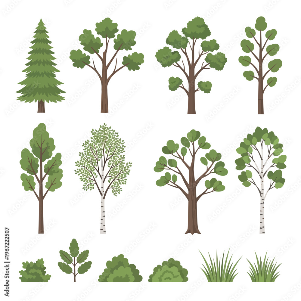 Fototapeta premium Collection of stylized trees and bushes for diverse design applications