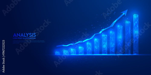 Abstract glowing financial growth chart with blue particles, business analysis concept and futuristic data background