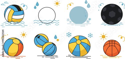 Seasonal sports balls icons set with beach volleyball basketball winter snow ball summer activities and weather themed illustration