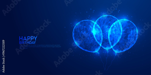 Abstract glowing balloons with blue particles, happy birthday celebration concept and festive digital background