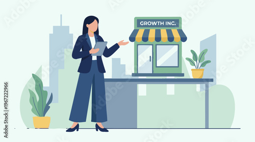 Businesswoman with tablet gesturing towards 'Growth Inc.' shop in urban setting