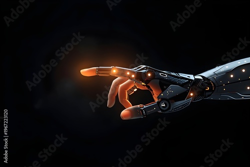 Futuristic Robotic Hand with Glowing AI Connection, Artificial Intelligence Technology Concept on Dark Background