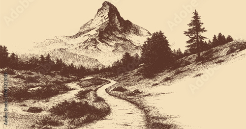 A vector illustration of a river winding its way toward a mountain peak.