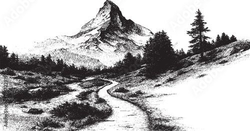 A vector illustration of a river winding its way toward a mountain peak.