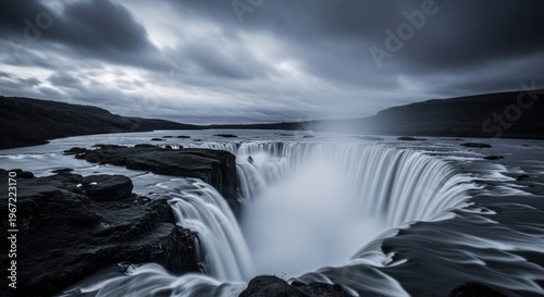 Dramatic Gullfoss Waterfall in Iceland Under a Stormy Sky.