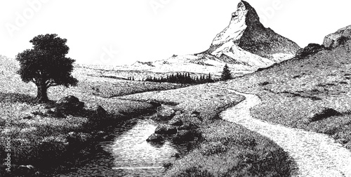A vector illustration of a river winding its way toward a mountain peak.