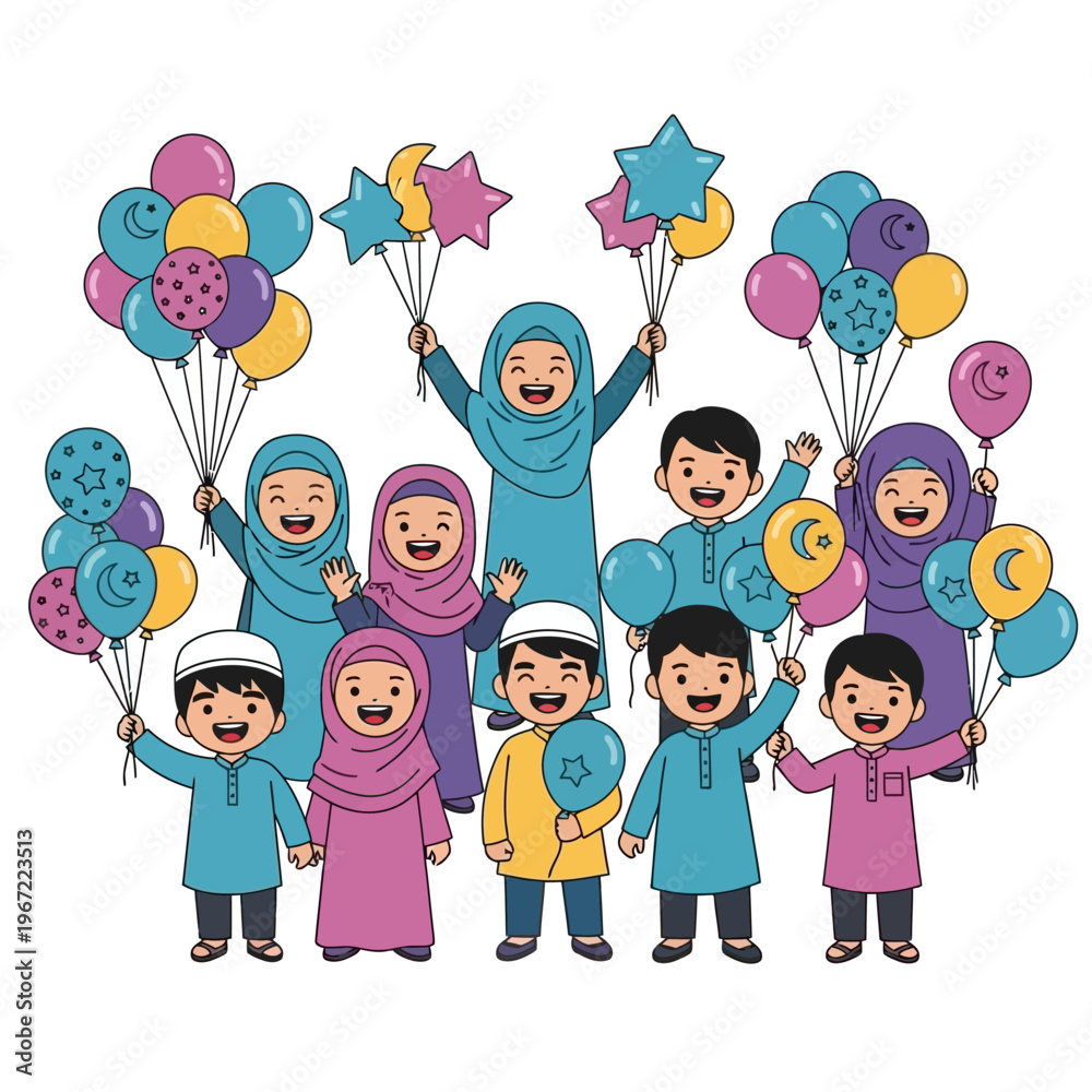Fototapeta premium Joyful group of children holding colorful balloons illustration