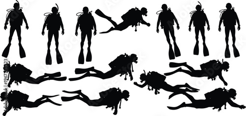 Black silhouette scuba divers swimming underwater with gear, fins, masks, tanks, diving positions vector illustration design for marine adventure concept