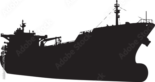Black silhouette of a large ship with deck structures