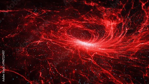 A swirling red galaxy with bright stars and a central vortex of light.