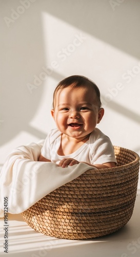 Baby enjoys sitting in a basket with a blanket during sunny afternoon indoors