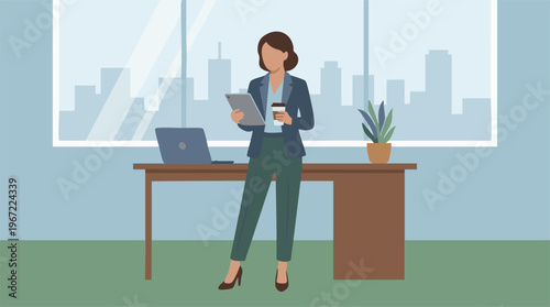 Businesswoman in modern office holding tablet and coffee cup, city view