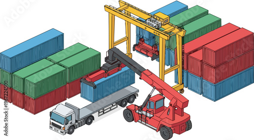 Isometric Illustration of a Logistics Port Terminal with Shipping Containers, Reach Stacker Loading Truck, and Gantry Crane for Global Trade and Supply Chain Concepts