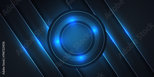 Abstract dark technology background with glowing blue square frame, futuristic digital design and modern neon light effect
