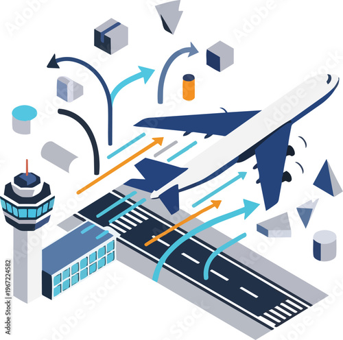 Isometric Global Logistics and Air Freight Illustration with Airplane Taking Off from Runway and Airport Infrastructure
