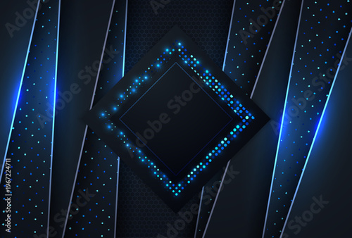 Abstract dark technology background with glowing blue square frame, futuristic digital design and modern neon light effect