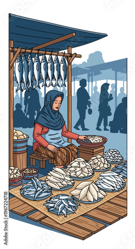 A woman in a hijab selling fresh fish at a bustling outdoor marketplace stall