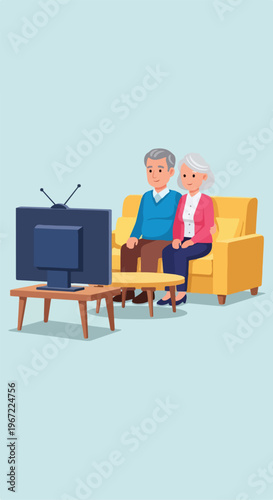 An elderly couple sits on a yellow sofa watching television in a cozy living room