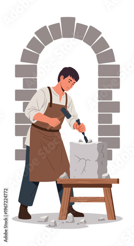 A stone mason carving a block of rock using a hammer and chisel under an arch