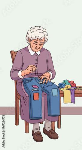 An elderly woman sitting on a wooden chair sewing patches onto blue denim jeans